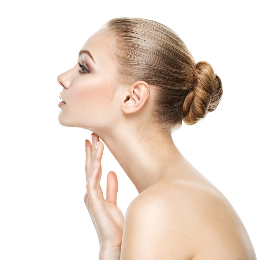 side view of a woman touching her neck